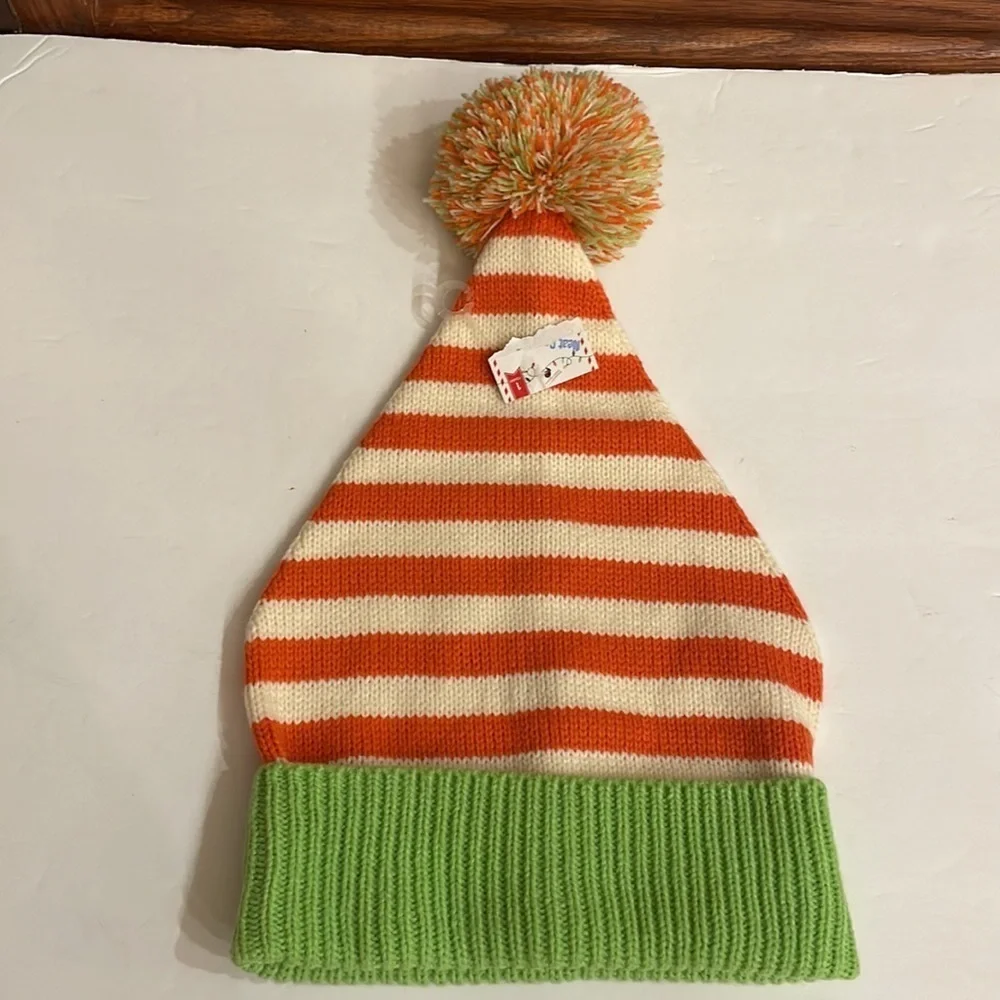 Kids unisex roll down beanie hat stripes w/ Pom Pom orange / cream / green